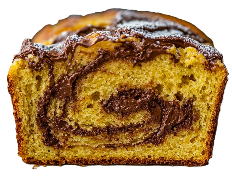 Close-up of moist pumpkin quick bread slice showing chocolate hazelnut swirl inside.