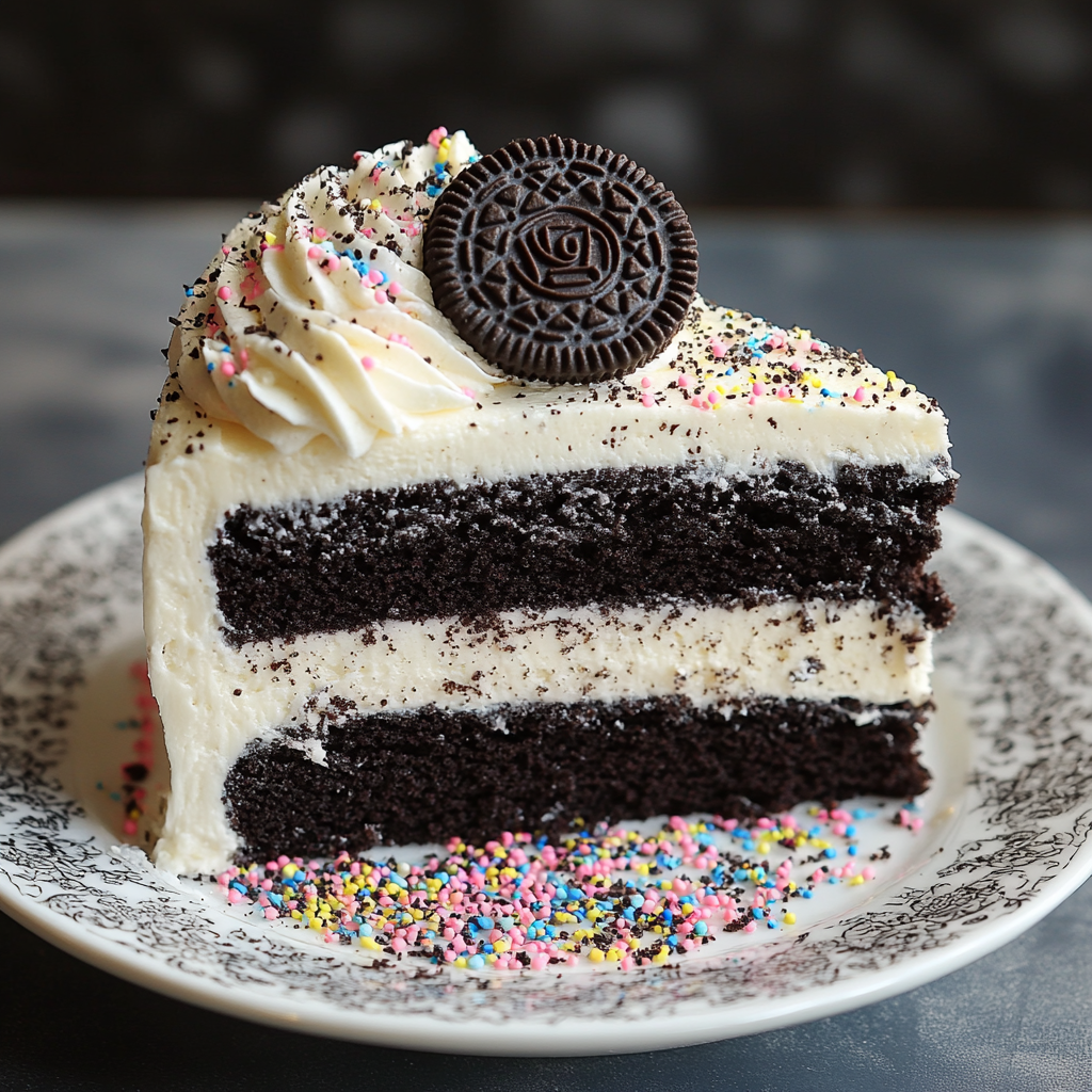 Slice of black and white cake showing moist chocolate layers and thick cream filling — light and rich texture.