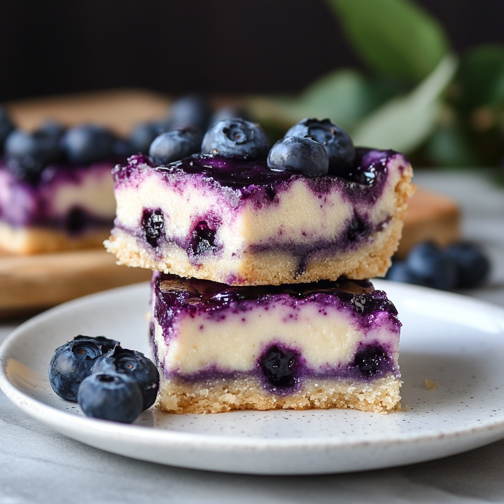 a picture of blueberry cheesecake bars surrounded by fresh blueberries