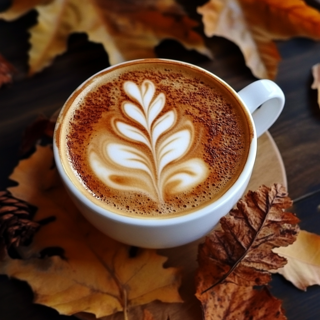 a beautiful mug of pumpkin spice latte coffee on a wooden table