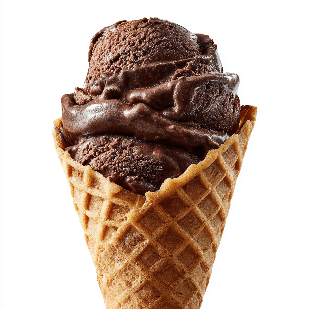 two scoops of homemade dark chocolate ice cream in a waffle cone