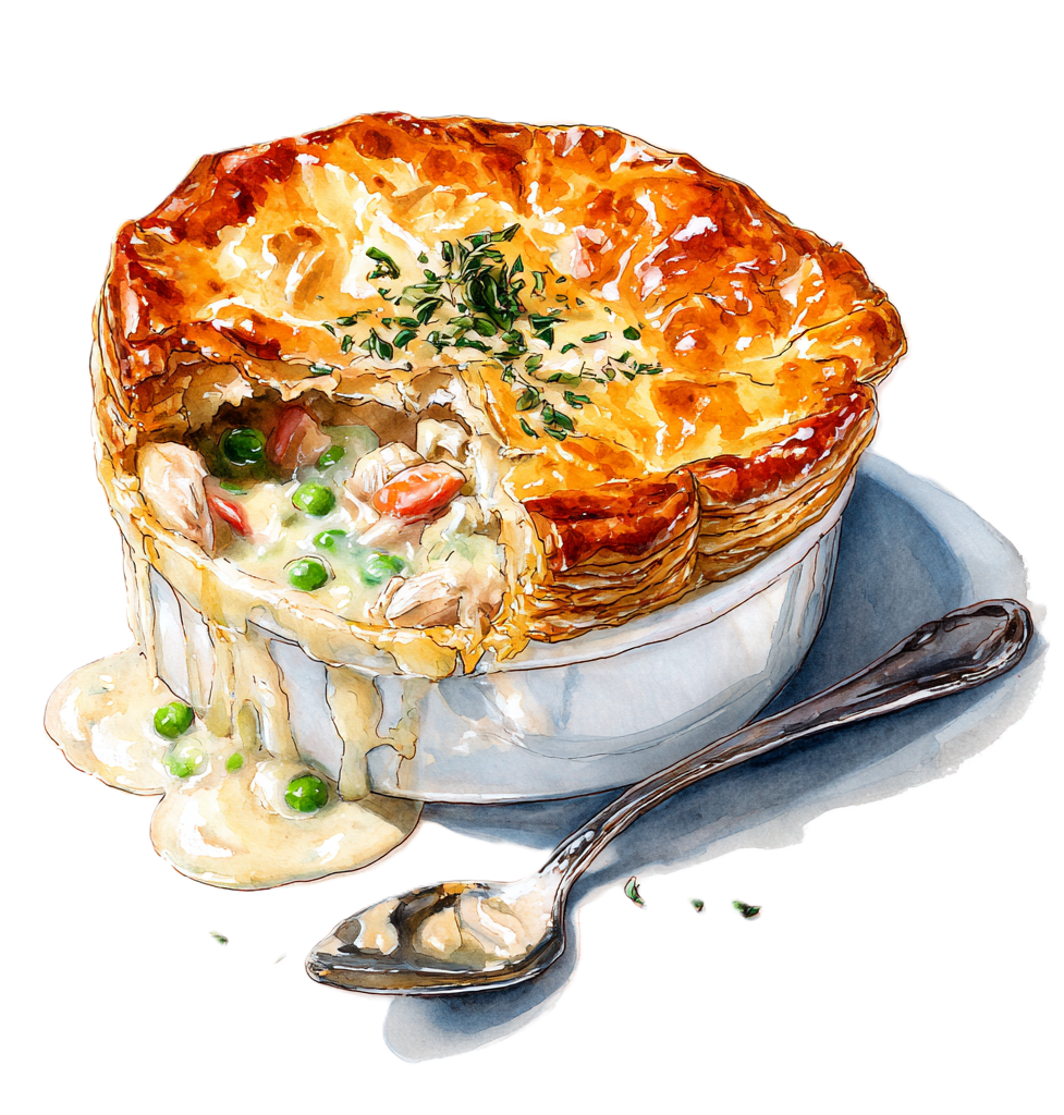 A pot pie with a flaky, golden-brown crust, garnished with herbs, with some filling spilling out showing green peas, chicken, and vegetables inside. A spoon rests on the table beside it.