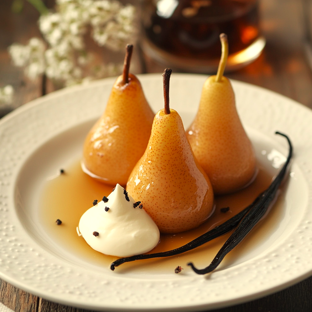 pears poached in amaretto, stuffed with dark chocolate ganache