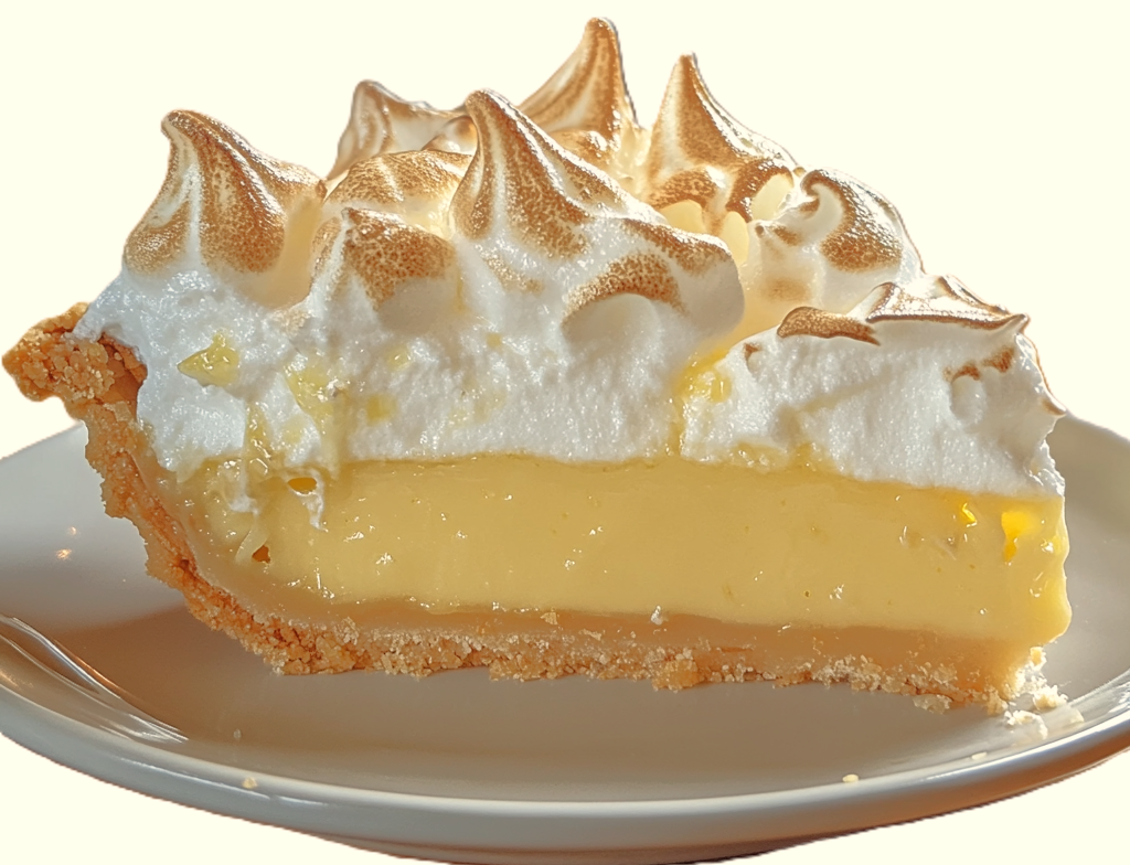 a piece of lemon meringue pie with fluffy meringue on top