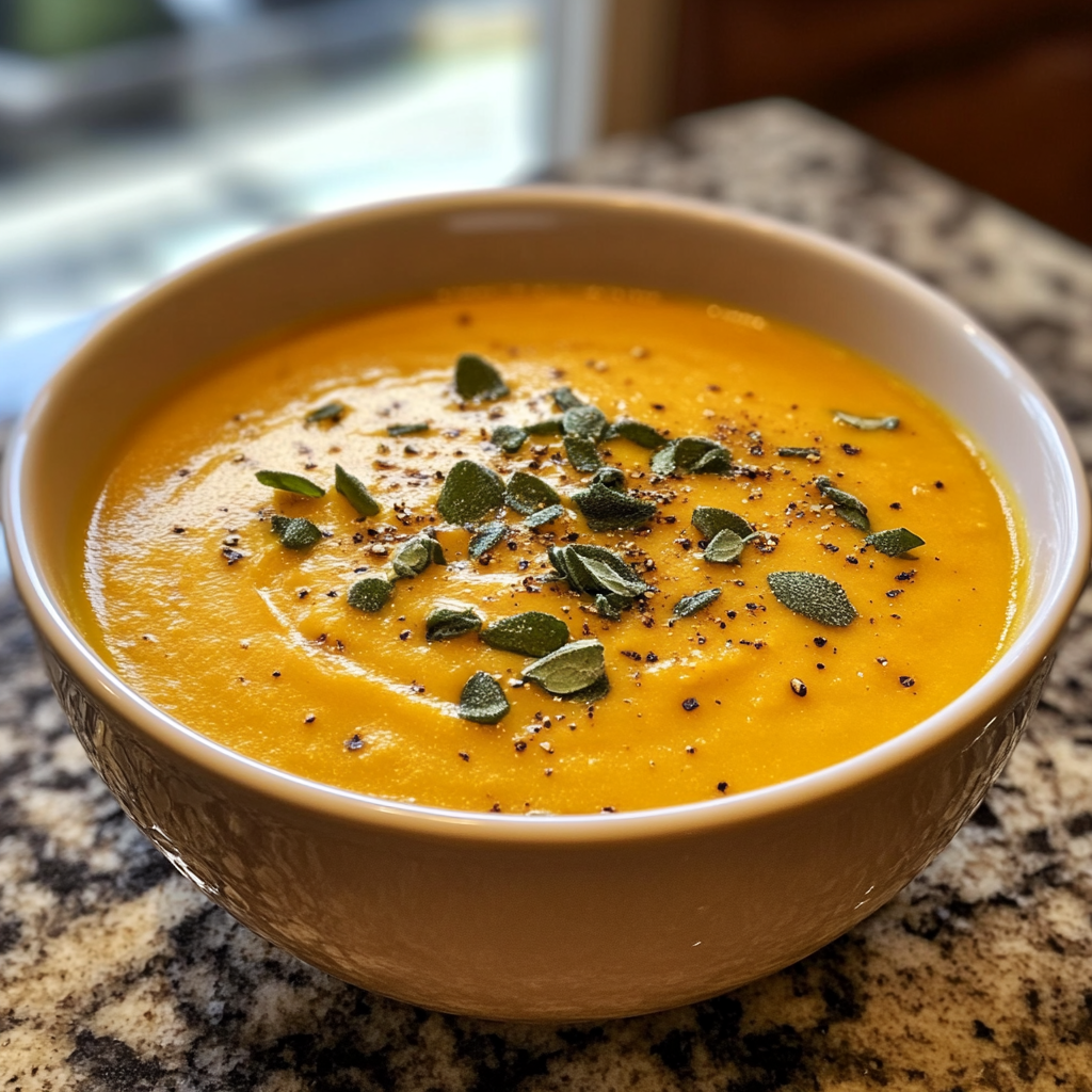 Bowl of creamy butternut squash soup with herbs and cracked pepper on top
