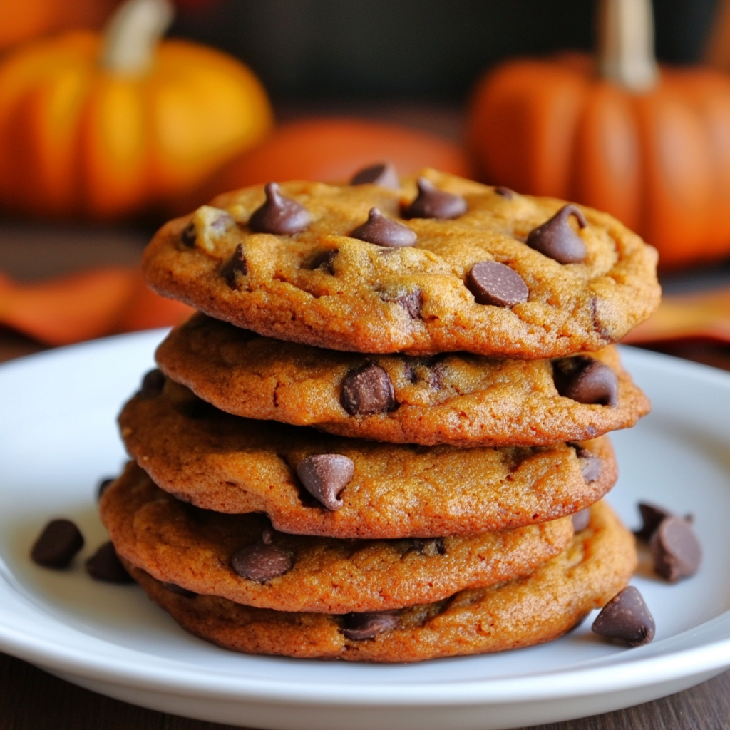 Stack of soft pumpkin chocolate chip cookies on a rustic plate next to some pumpkins