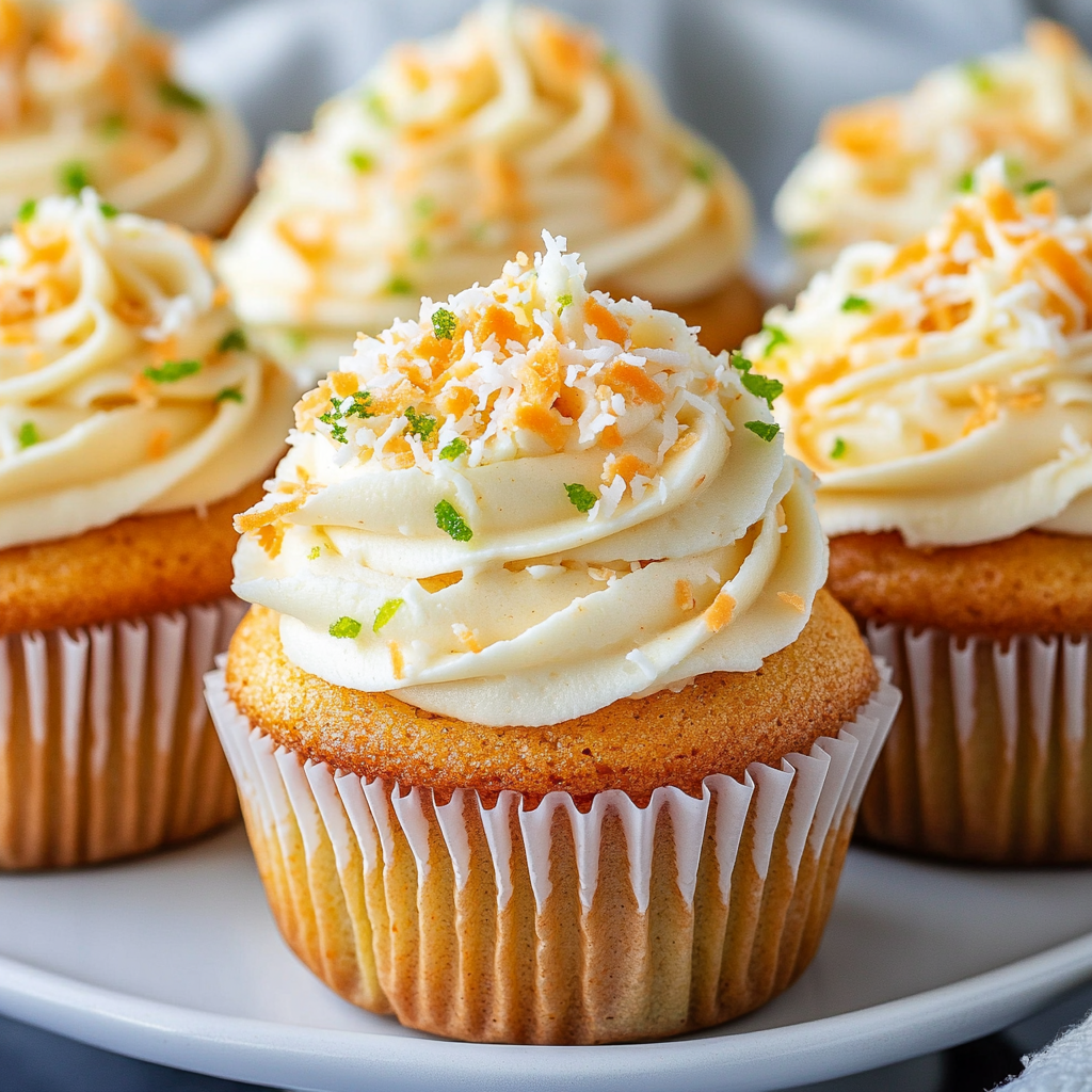 a plate of carrot cake cupcakes with coconut frosting