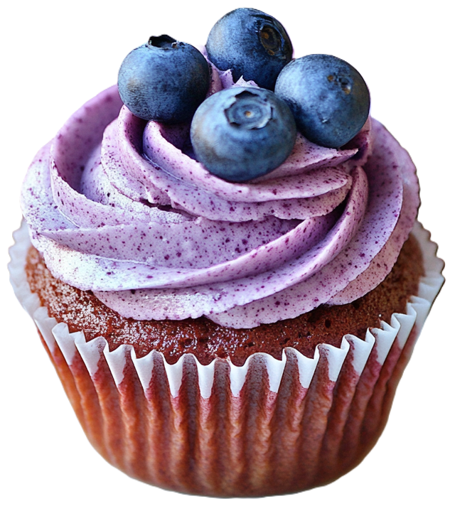 a close up of Blueberry cupcake with swirled blueberry buttercream frosting and fresh blueberries on top