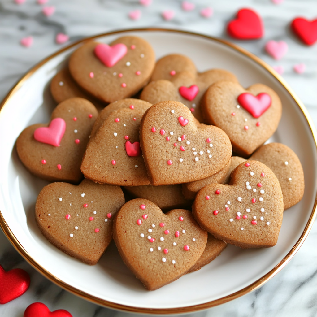 heart shaped brown sugar cookie cutouts with pink sprinkles