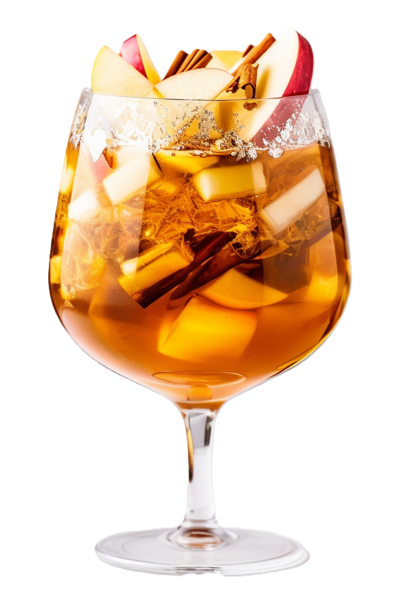 a glass of caramel apple sangria with sliced apples, wine bottle, cinnamon sticks, and cozy fall decor.