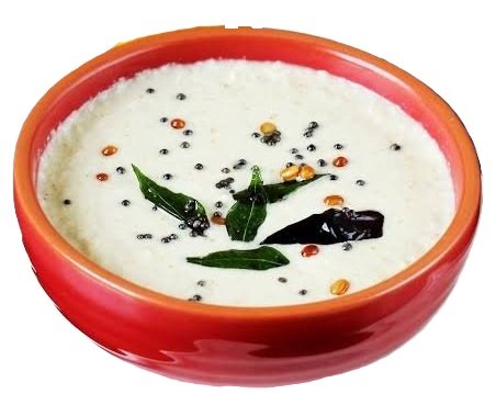 a picture of white coconut chutney in a red bowl