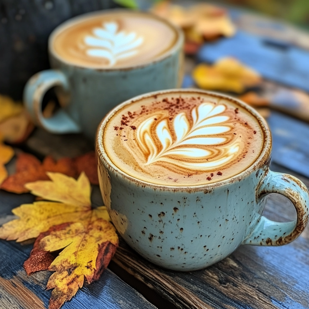two cups of pumpkin spice latte coffee in blue mugs with a few autumn leaves on the table