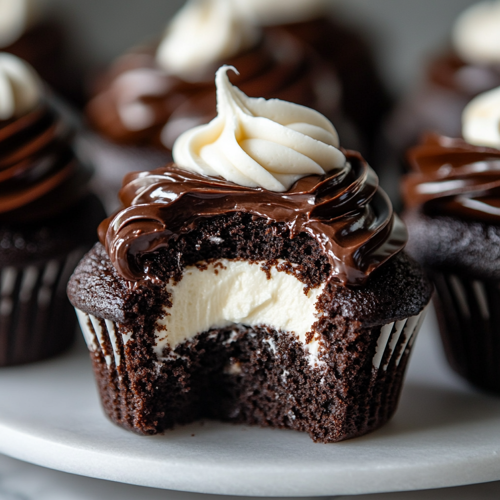 Split cupcake showing fluffy cream filling inside — moist chocolate cake and smooth center.