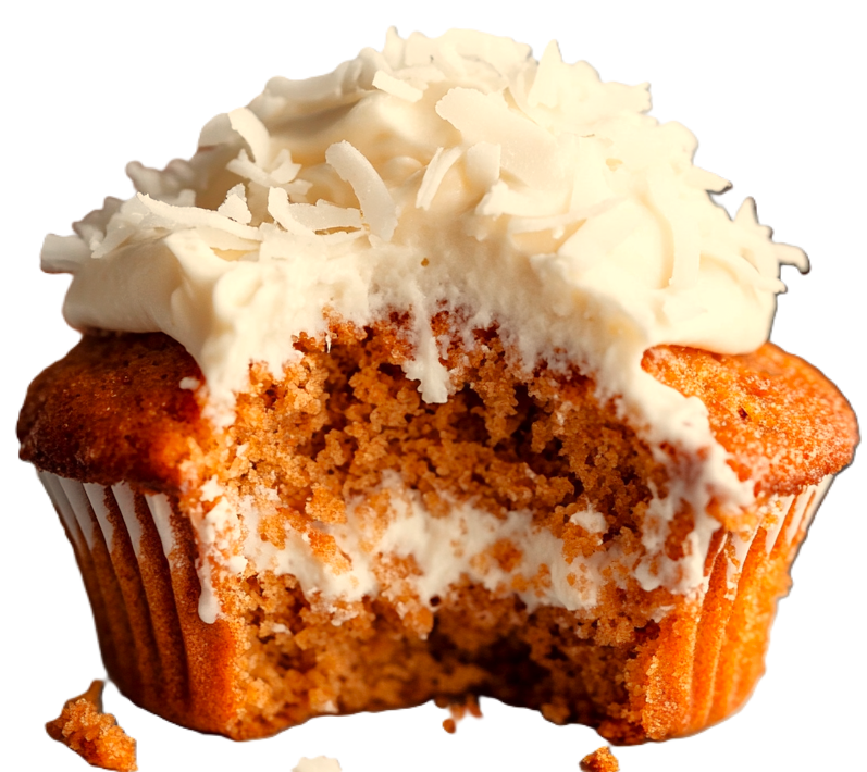close up of the carrot cake cupcake with a bite missing so you can see the cream cheese filling
