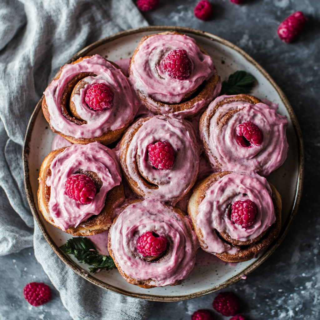 Cinnamon Rolls with Raspberry Frosting – sweet roll on a plate, highlighting the soft texture, raspberry filling, and smooth cream cheese frosting