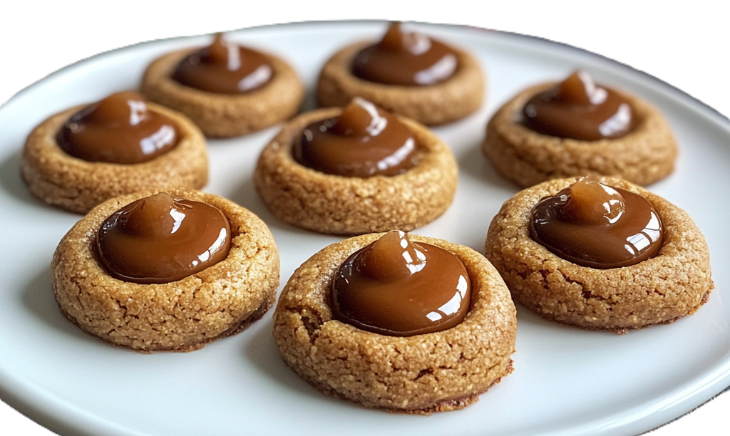 a close up of dulce de leche thumbprint cookies
