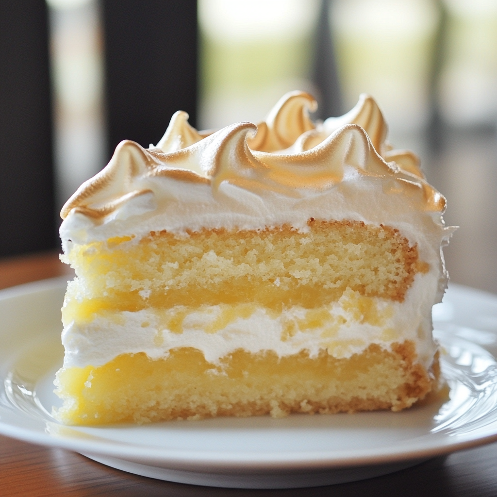 a slice of lemon meringue layer cake on a white plate