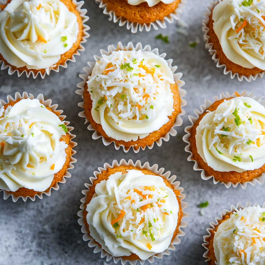 view from above of a tray of lime carrot cake cupcakes with coconut buttercream frosting