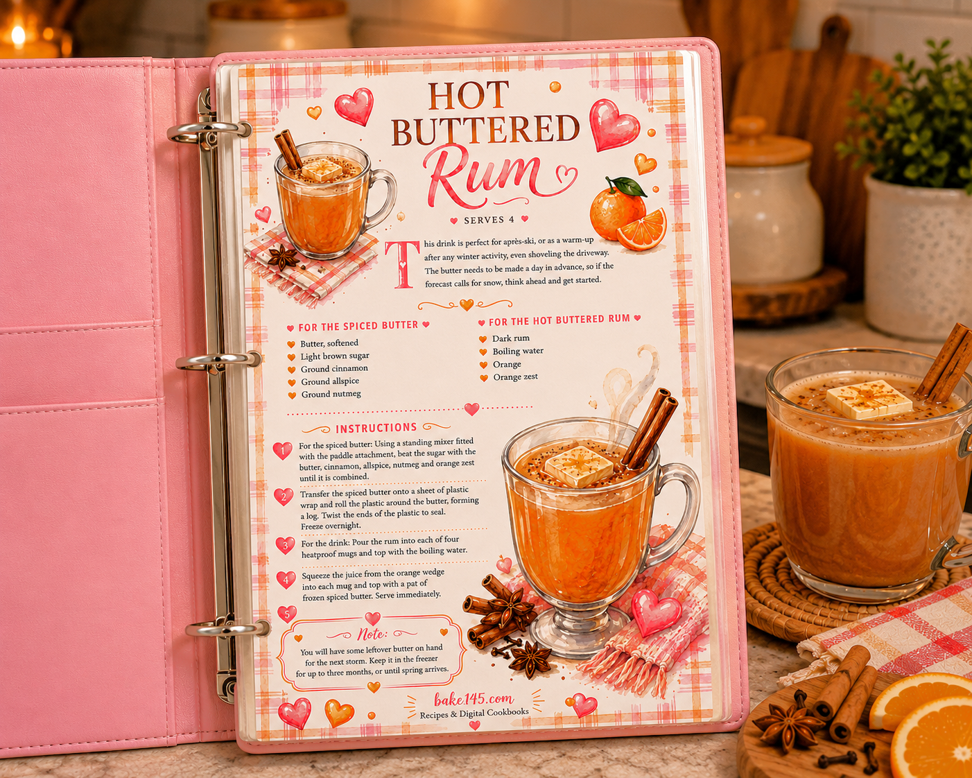 a photo of the printed hot buttered rum recipe in a pink binder
