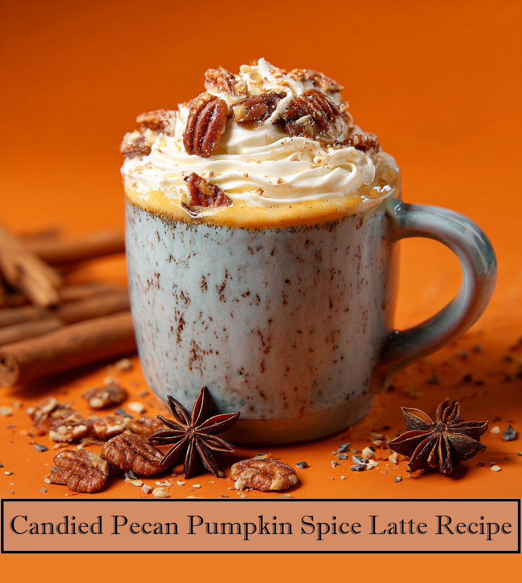 a blue mug of candied pecan pumpkin spice latte on my kitchen counter