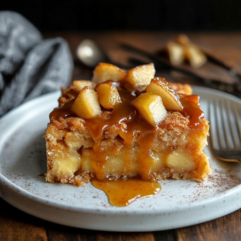 Golden cinnamon apple bread pudding baked in a dish, topped with caramel drizzle