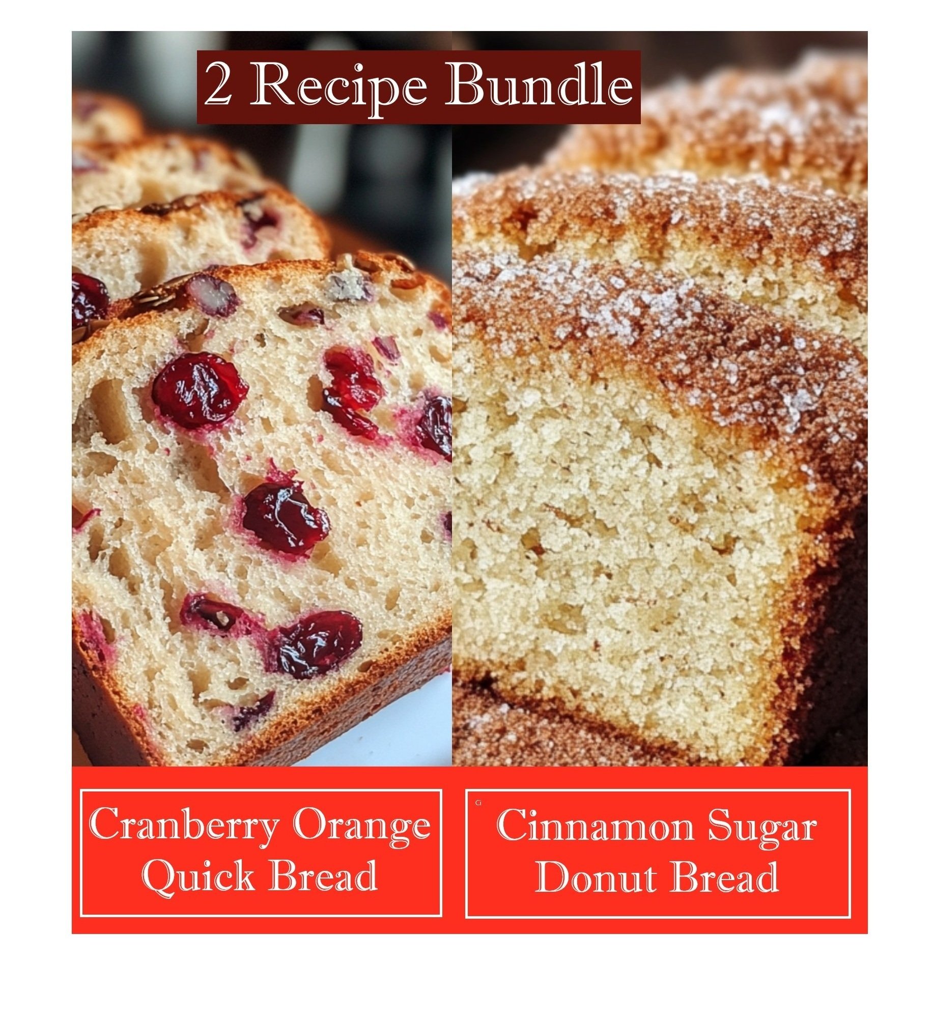 a collage of cinnamon sugar donut bread and cranberry orange breads