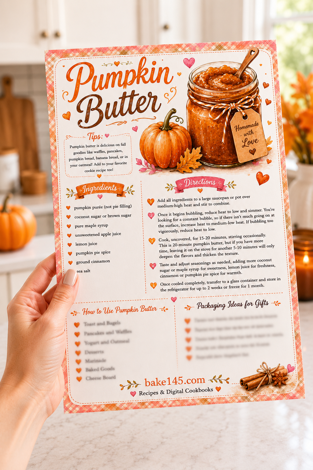 close up picture of the pumpkin butter recipe card in my hand