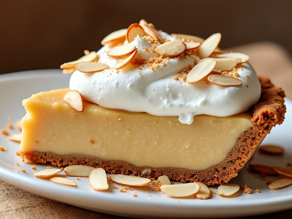 a slice of amaretto pie, topped with whipped cream and sliced almonds