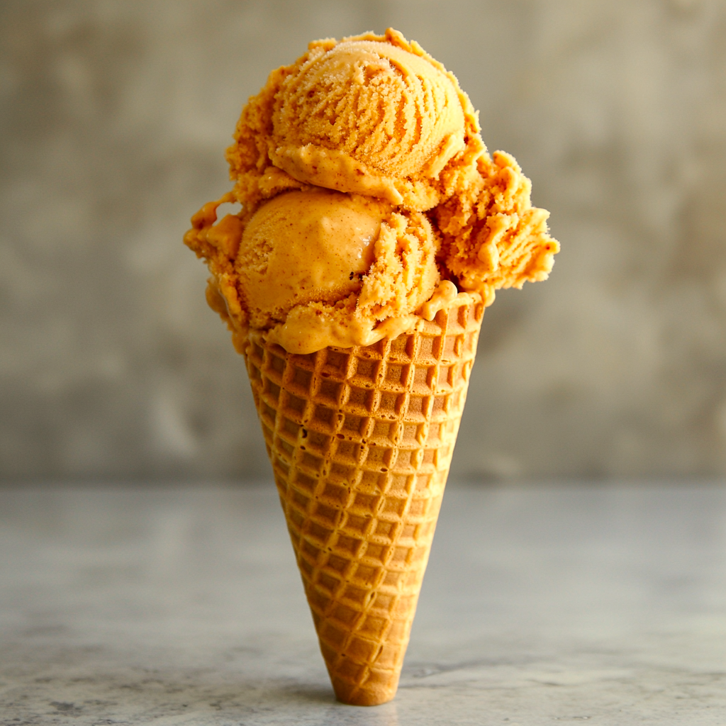 three scoops of pumpkin ice cream served in a cone