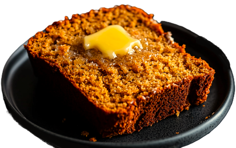 a piece of pumpkin bread on a plate with melting butter