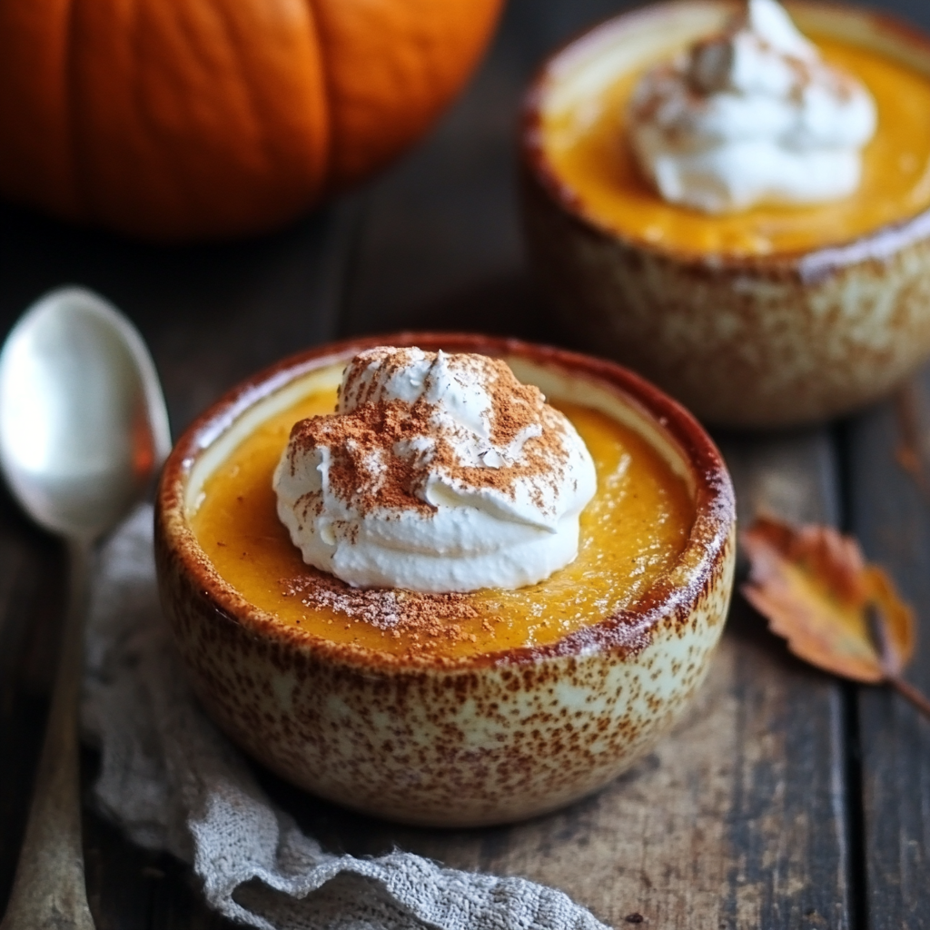 Creamy orange-hued custard in a white dish with a glossy maple syrup topping.