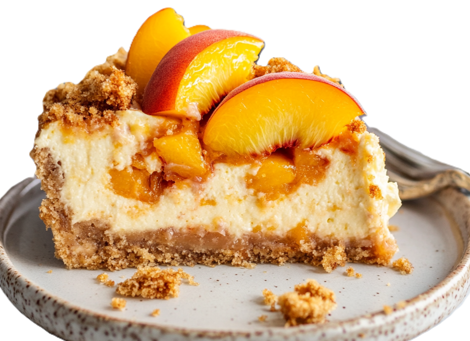 Slice of peach cheesecake with creamy filling, peach chunks, and buttery streusel topping