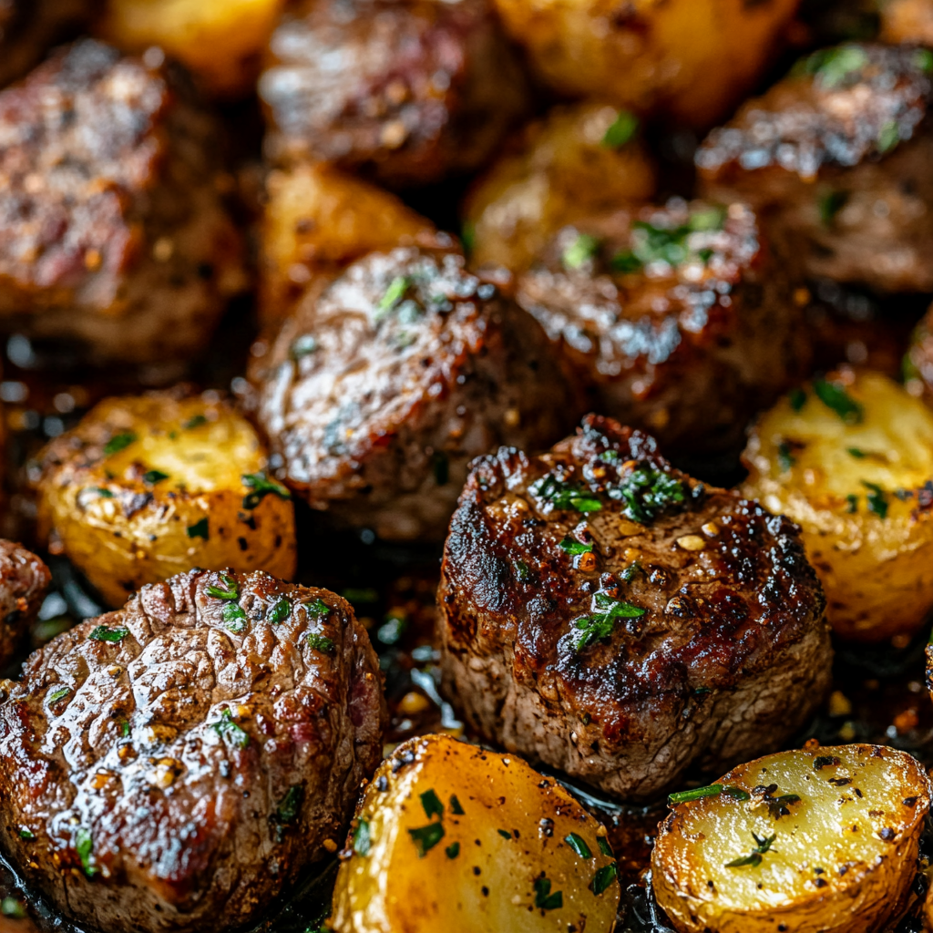 a close up image of garlic butter steak bites and potatoes