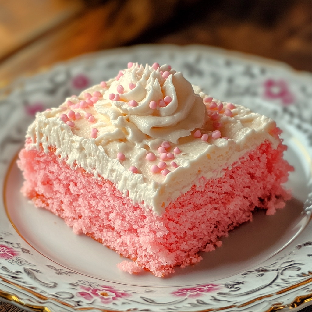 a slice of strawberry tres leches cake on a vintage plate