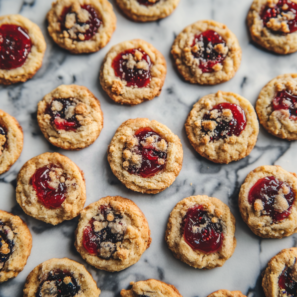 berry jam filled cookies seen from above