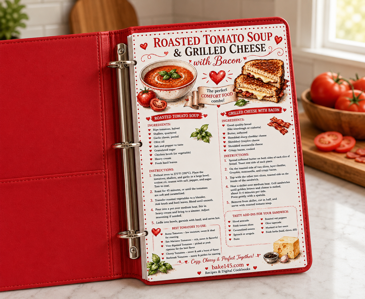 tomato soup and grilled cheese recipe in a red recipe binder