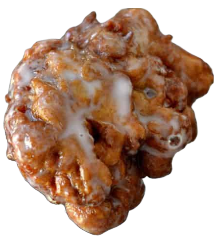 a close up of a golden brown apple fritter covered in sweet glaze on a white plate