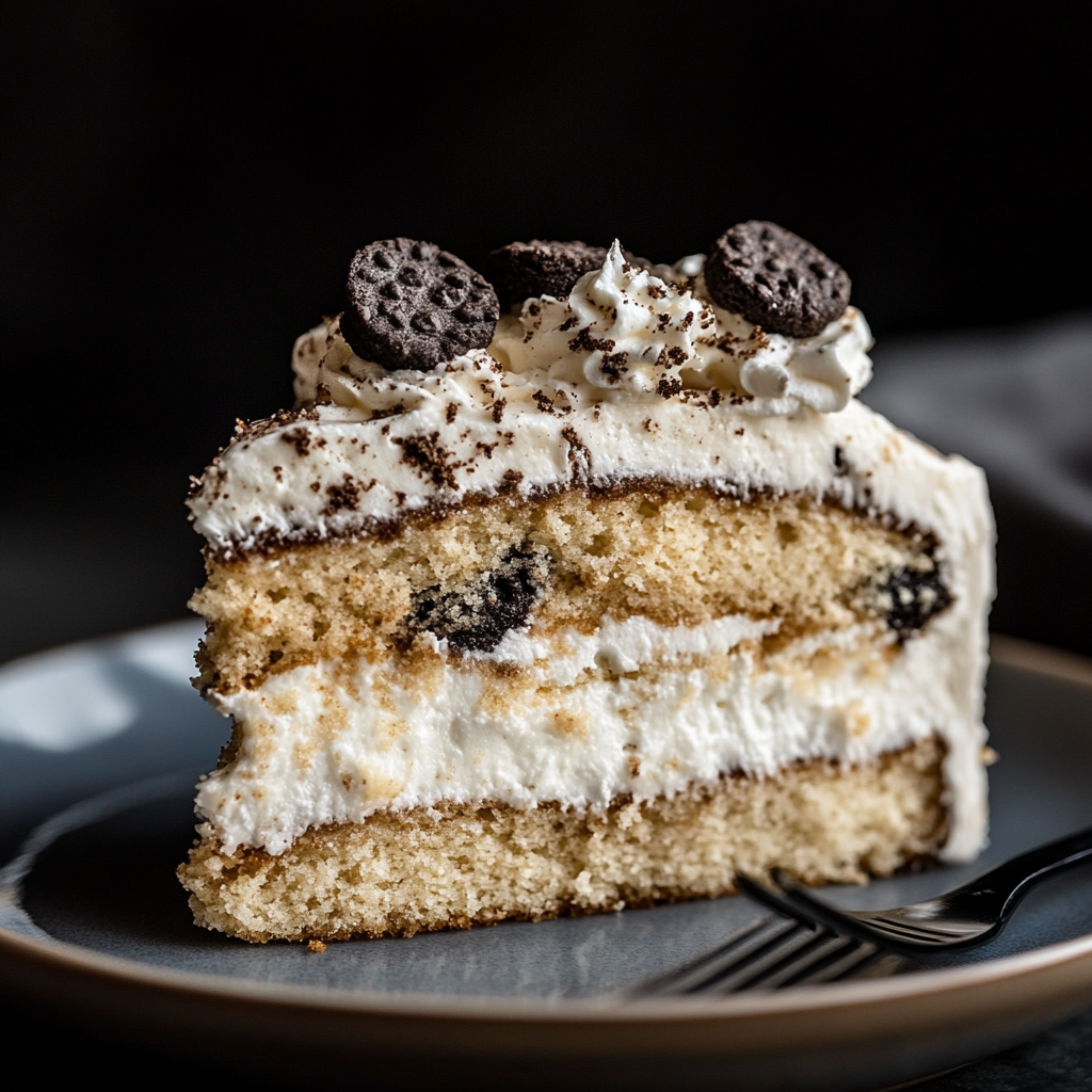 a piece of cookies and cream cake with thick cream cheese frosting and broken oreo cookies inside