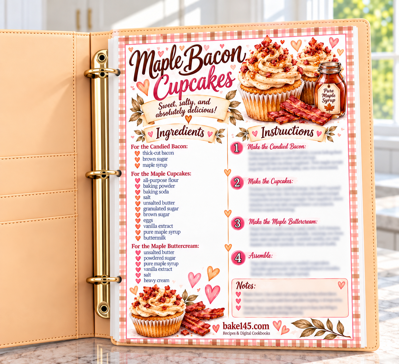 Maple Bacon Cupcakes Printable Recipe Card | Illustrated Kitchen Binder Page | Gift for Bakers PDF