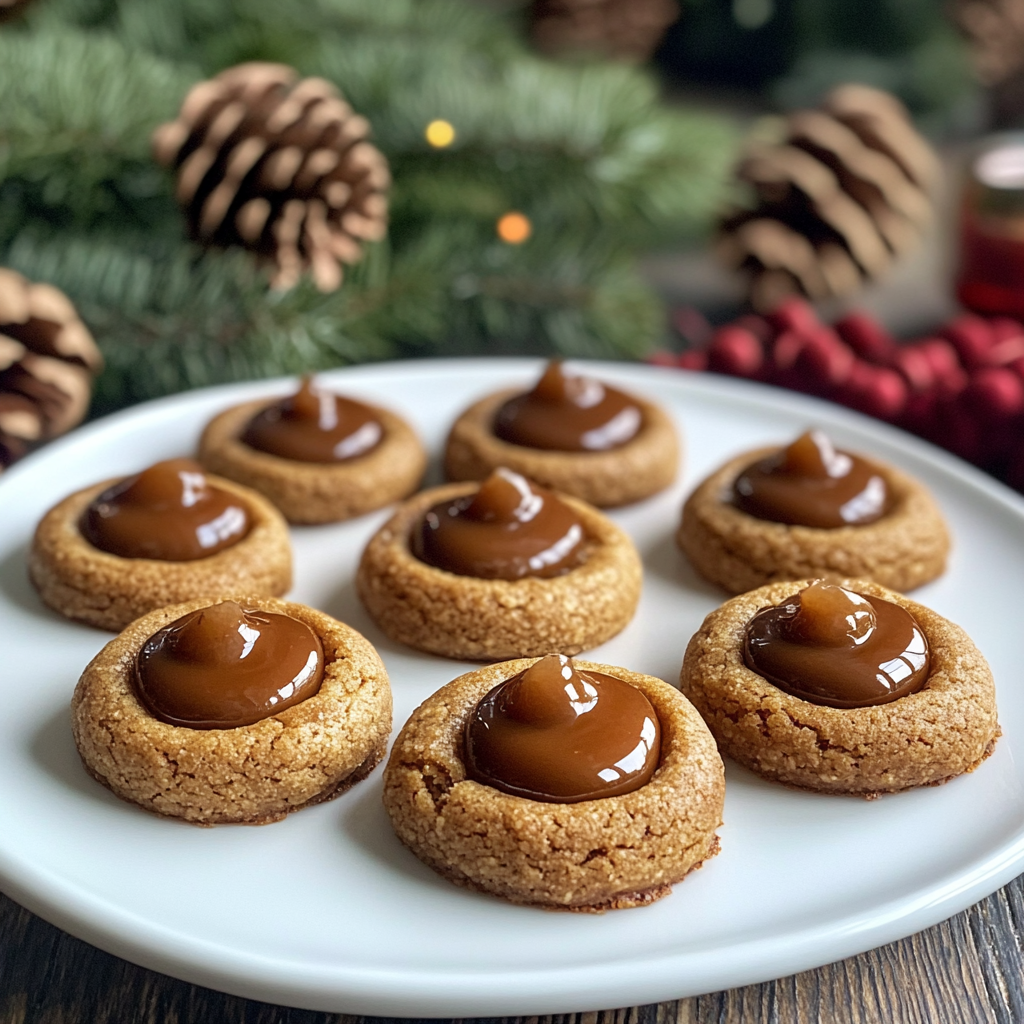 a plate of gingerbread thumbprint cookies with dulce de leche centers