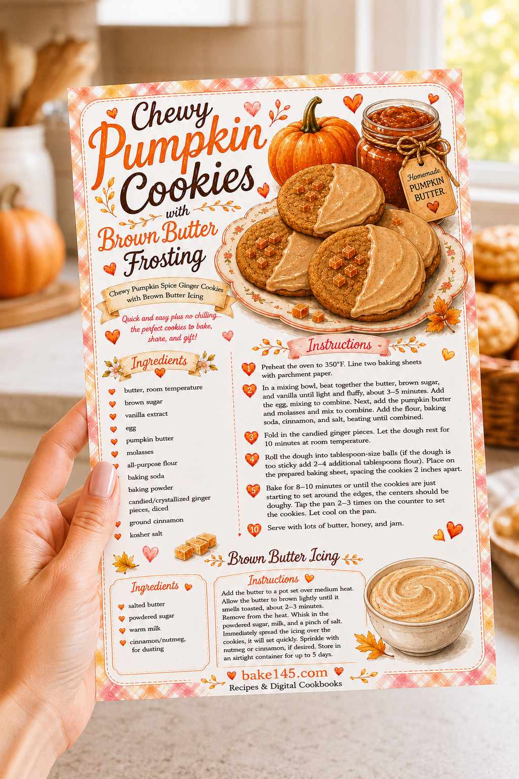 a close up photo of the printed pumpkin ginger cookie recipe card in my hand