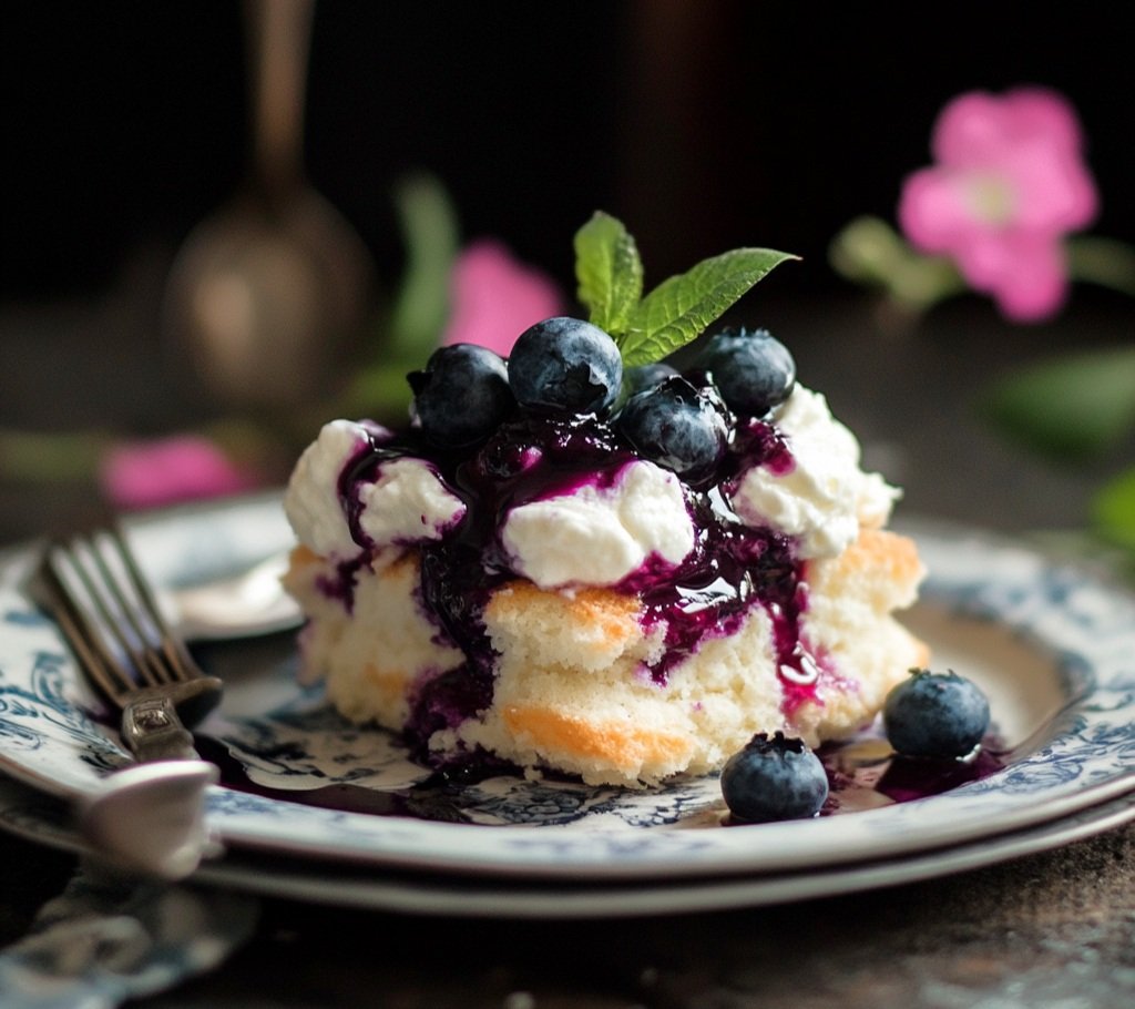 a fancy brunch table with a plate of homemade blueberry compote shortcake