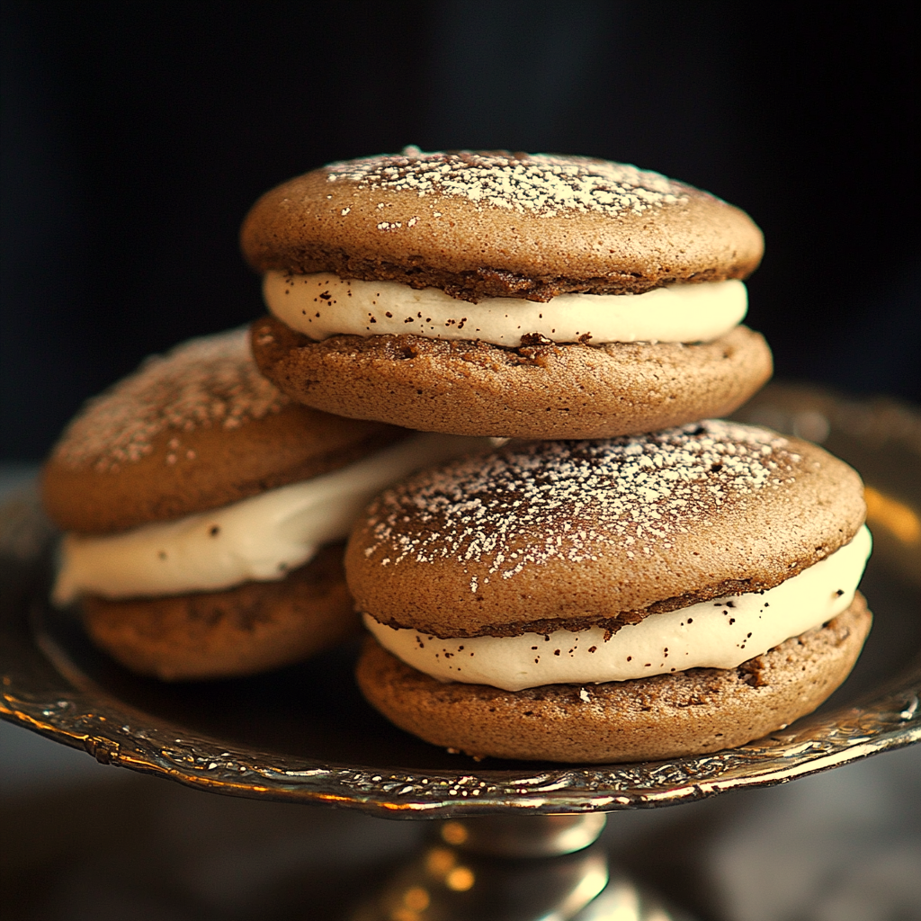 some homemade espresso whoopie pies with thick buttercream filling with a light dusting of powdered sugar