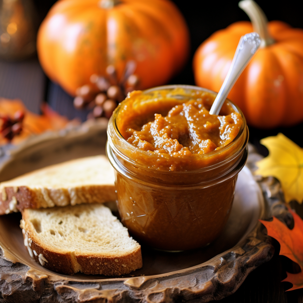 a clear glass jar of homemade pumpkin butter in front of some small pumpkins and two slices of fresh bread