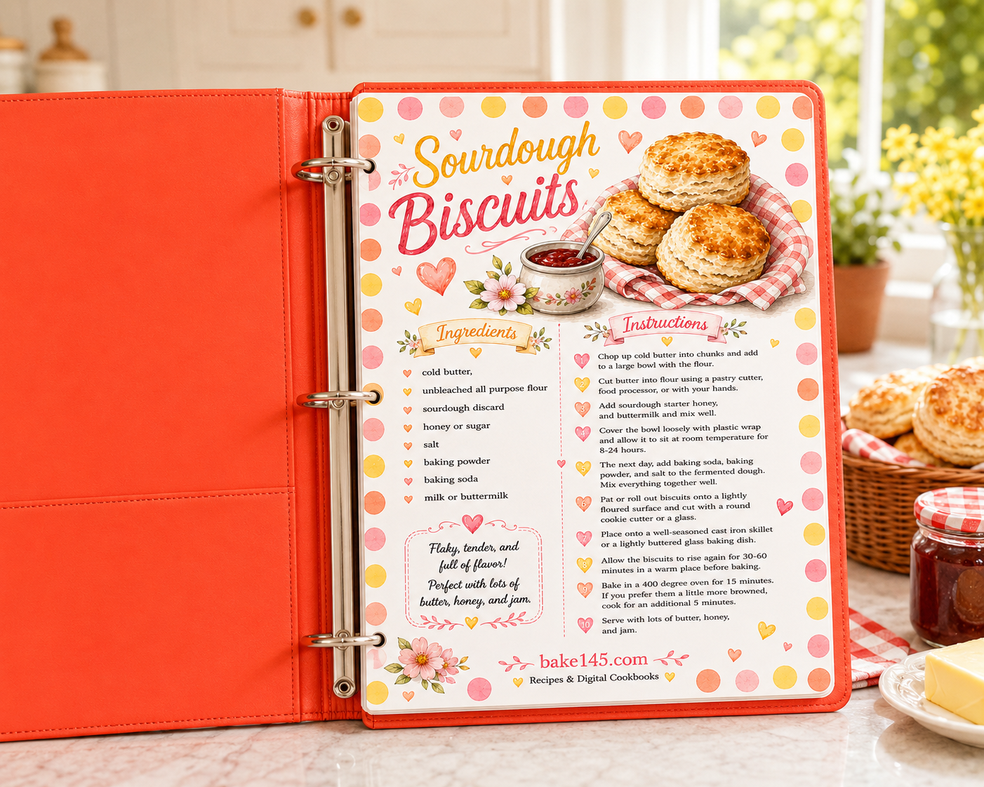 a picture of the sourdough biscuits recipe in an orange recipe binder
