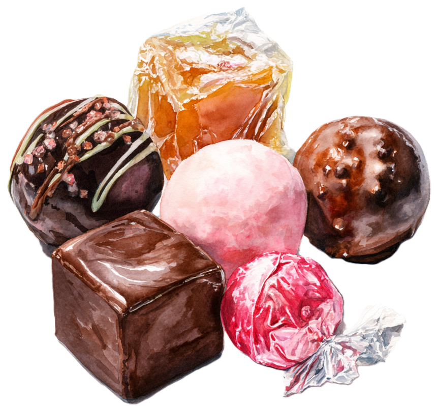 Assorted assorted chocolates and a wrapped lemon candy.