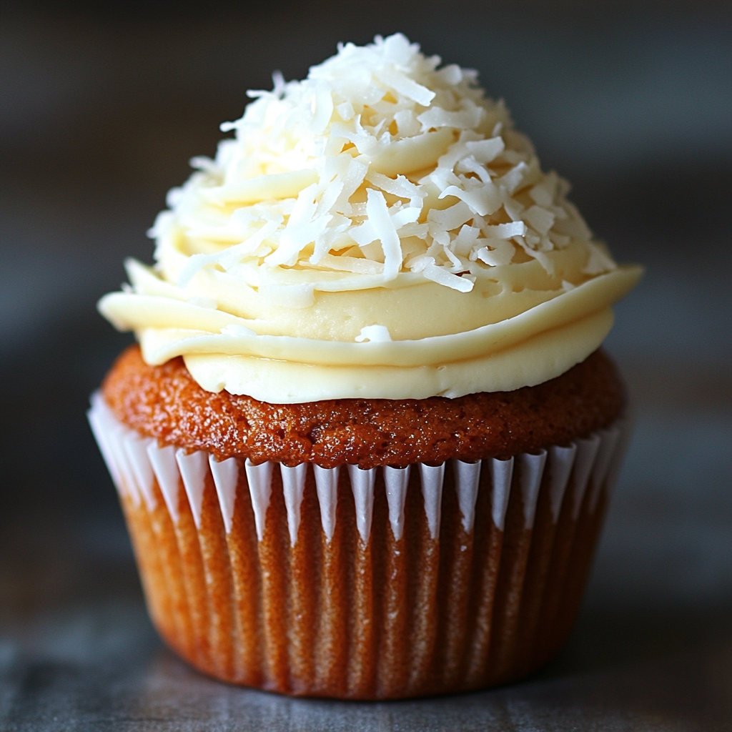 Coconut Carrot Cake Cupcakes topped with cream cheese frosting and shredded coconut