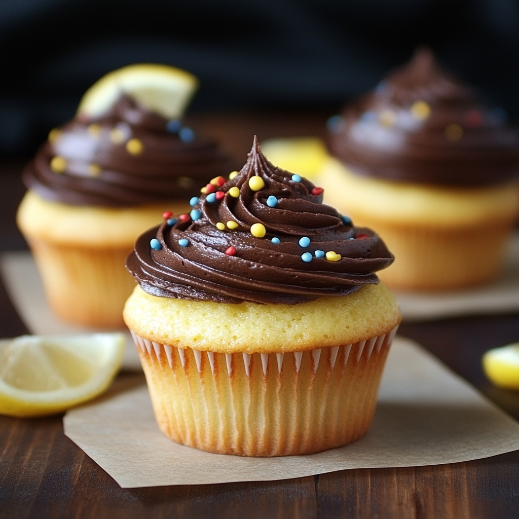 a tray of moist lemon cupcakes with thick chocolate frosting and sprinkles