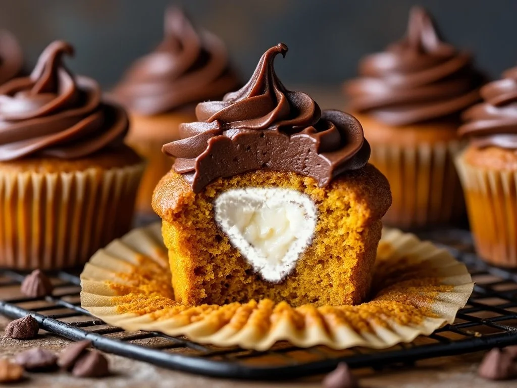 Frosted pumpkin cupcakes with ganache and cream cheese swirl peeking through