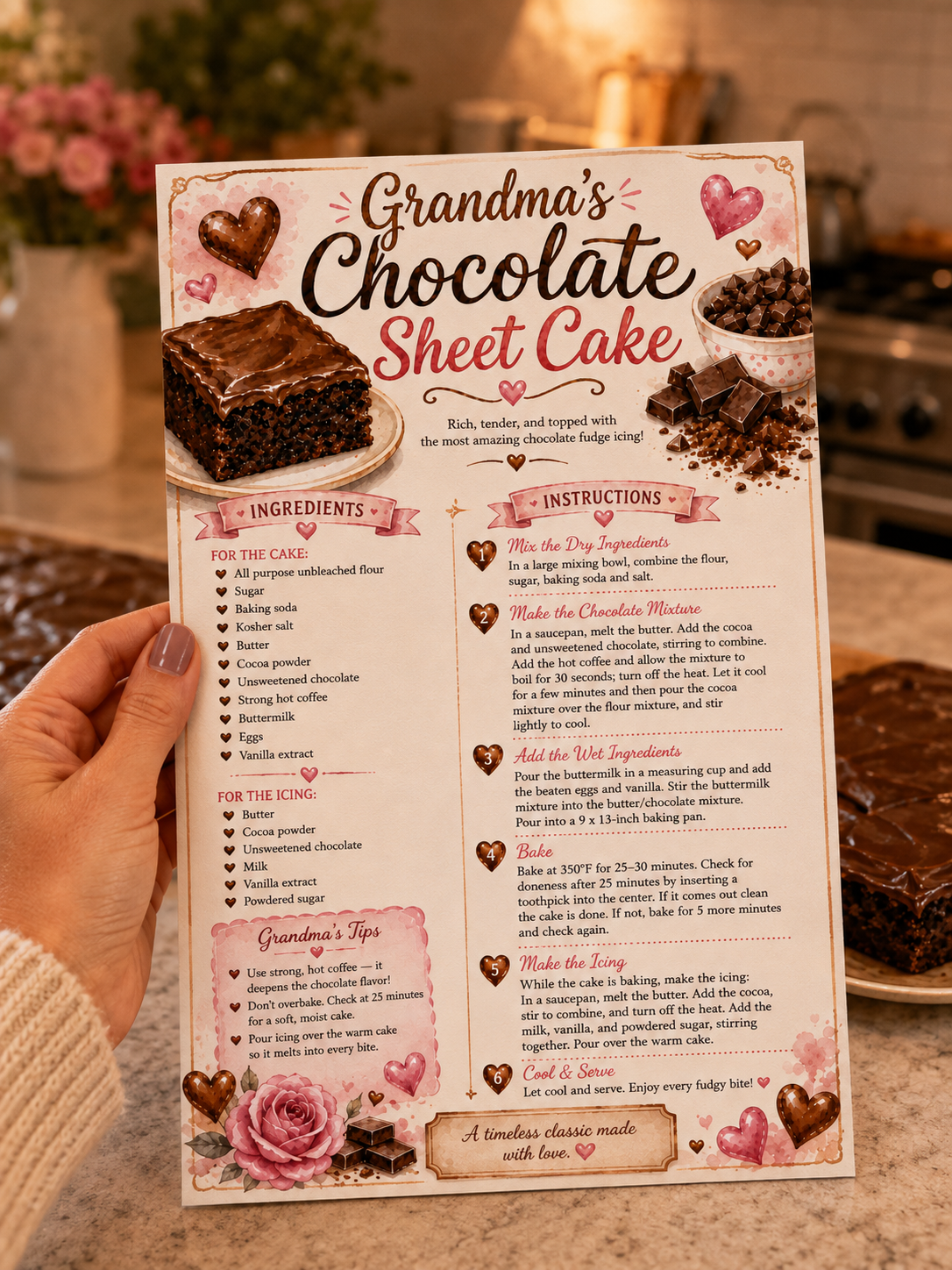 Grandma's Chocolate Sheet Cake Recipe Card | Printable Art Recipe - PDF Digital Download